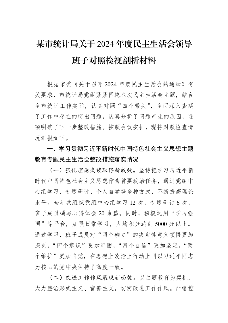 某市统计局关于2024年度民主生活会领导班子对照检视剖析材料（02-19）