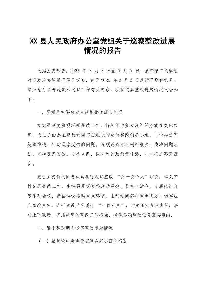 XX县人民政府办公室党组关于巡察整改进展情况的报告_第1页