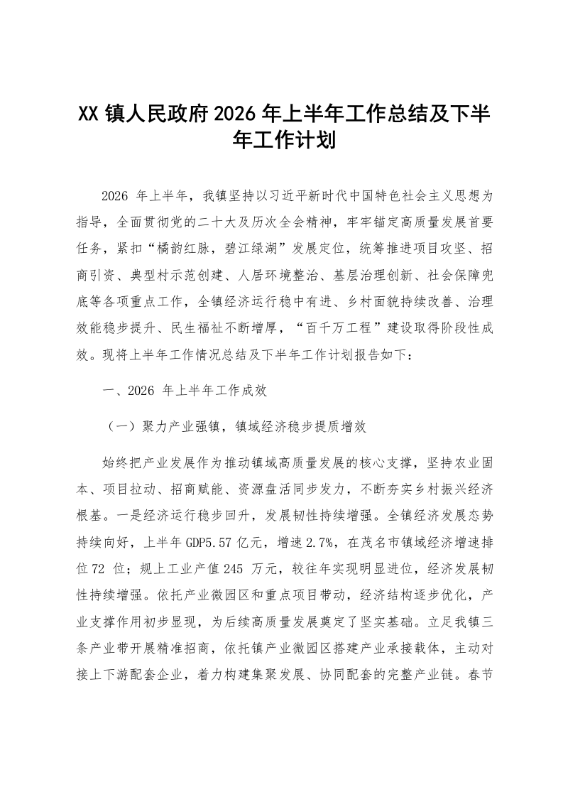 XX镇人民政府2026年上半年工作总结及下半年工作计划_第1页