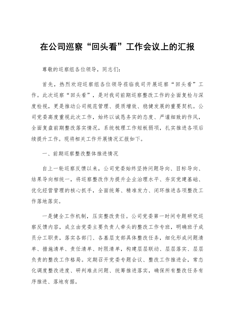 在公司巡察“回头看”工作会议上的汇报_第1页