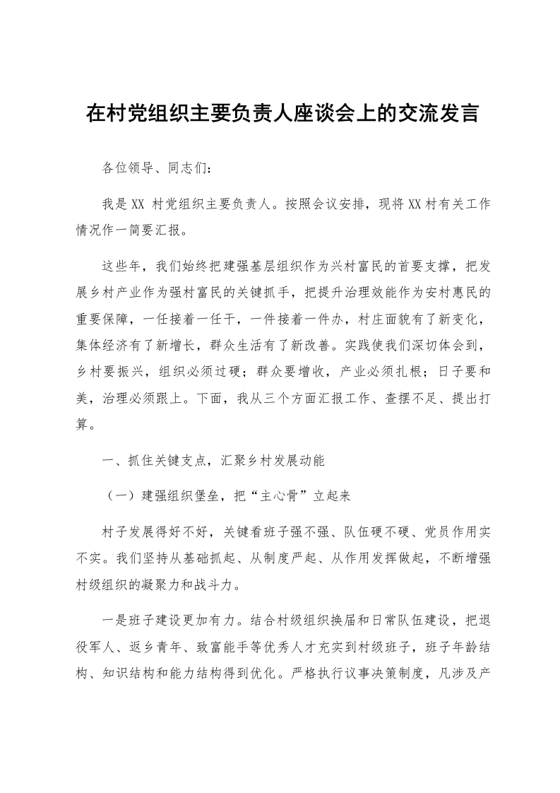 在村党组织主要负责人座谈会上的交流发言_第1页