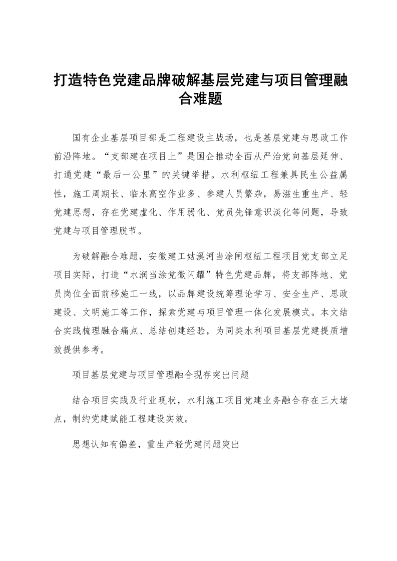 打造特色党建品牌破解基层党建与项目管理融合难题_第1页