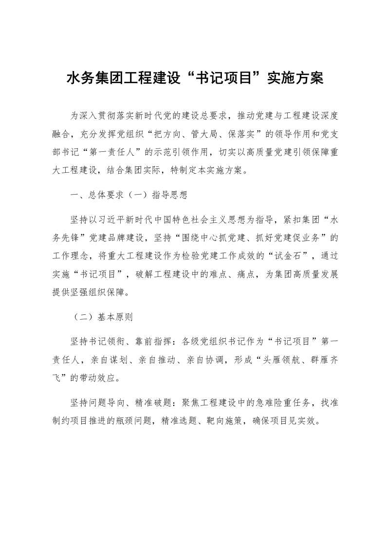 水务集团工程建设“书记项目”实施方案_第1页